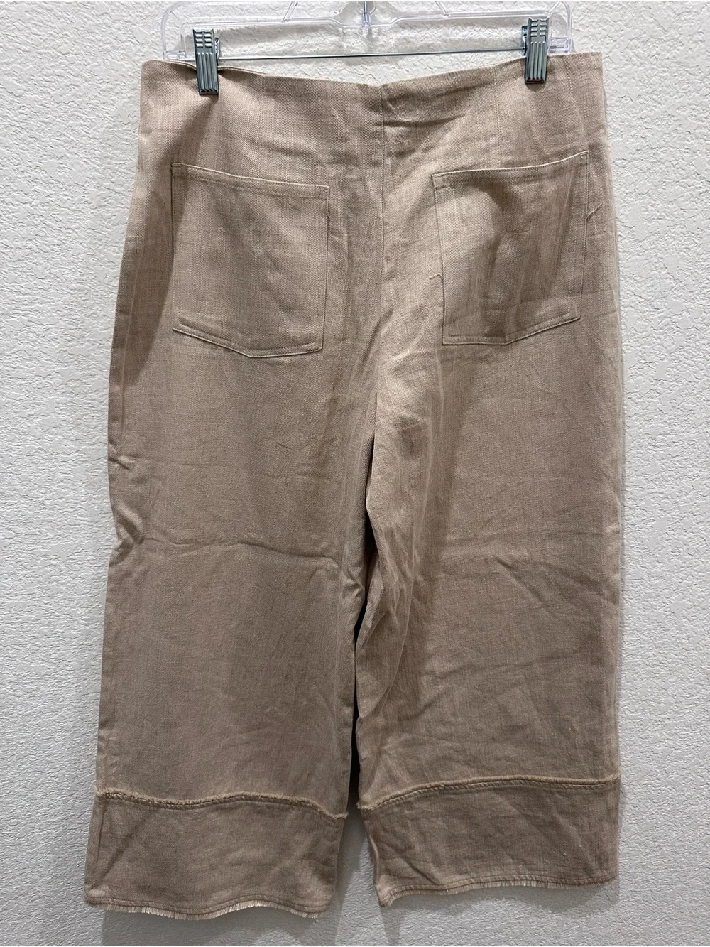 Zara Womens Tan Linen Blend Wide Leg Culotte‎ Pants Raw Hem Neutral Size L